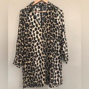 ZARA Leopard Print Blouse V-Neck Collared Shirt